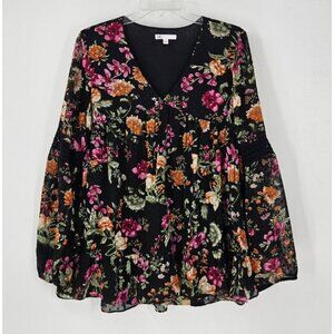 DR2 Womens Sz L Black Garden Floral Lined Flowy Top Sheer Sleeves w/Lace Insert